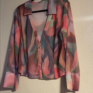 Fashion Nova Sheer Watercolor Button-Down Blouse in Pink, Green & Mauve